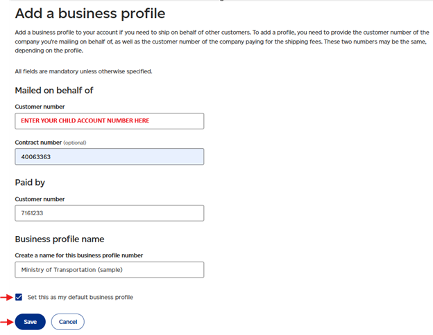 Enter child account number, set as default business profile, and save